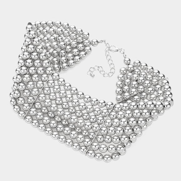 Silver Metal Ball Multi Layered Choker Statement Necklace - Picture 2 of 2